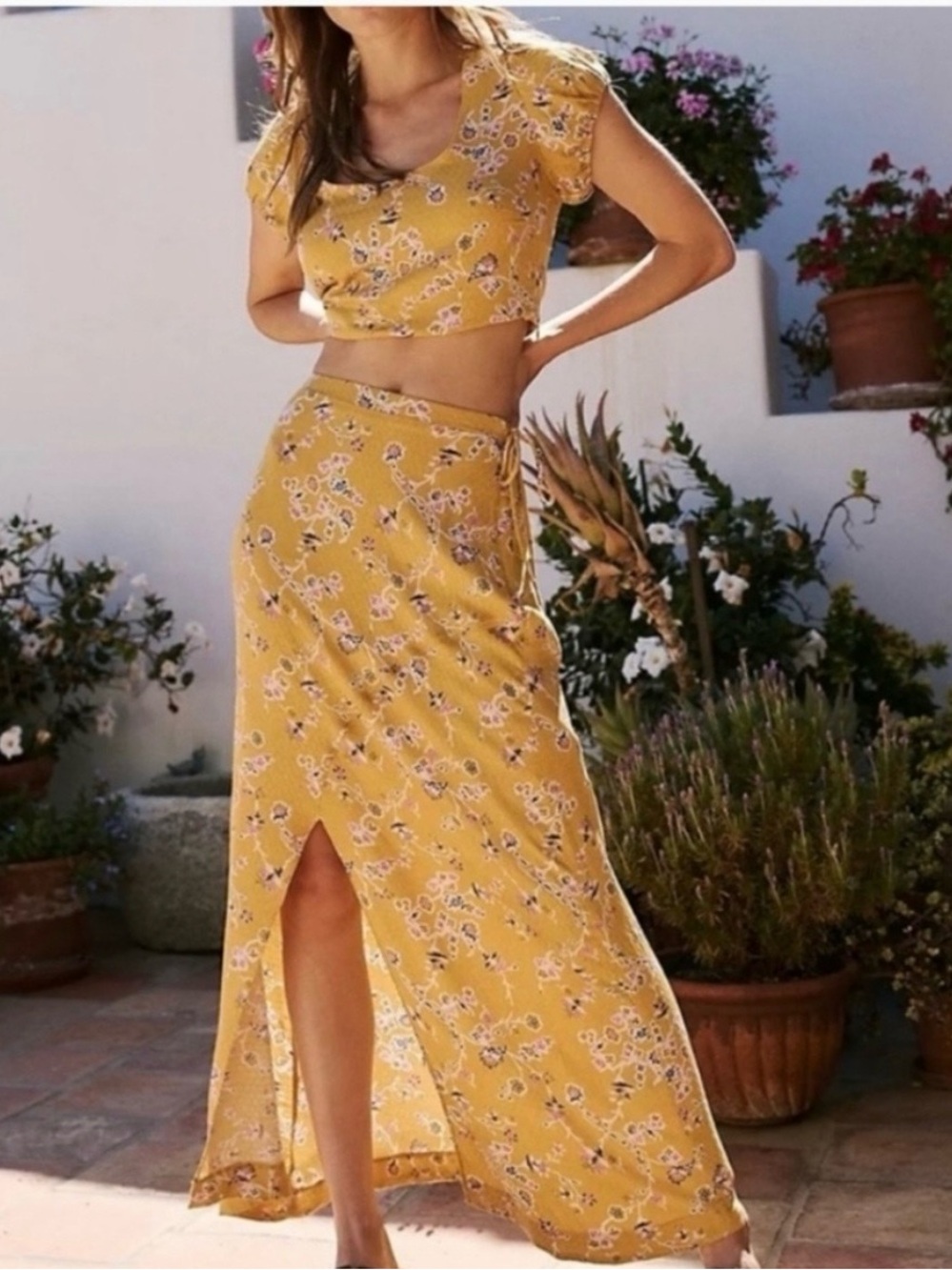 Free People Yellow Lace Up Back Cropped Talia Tumeric Floral Top